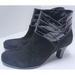 Nurture black heel ankle boots booties, patent and nubuck black, Devon in 9 M